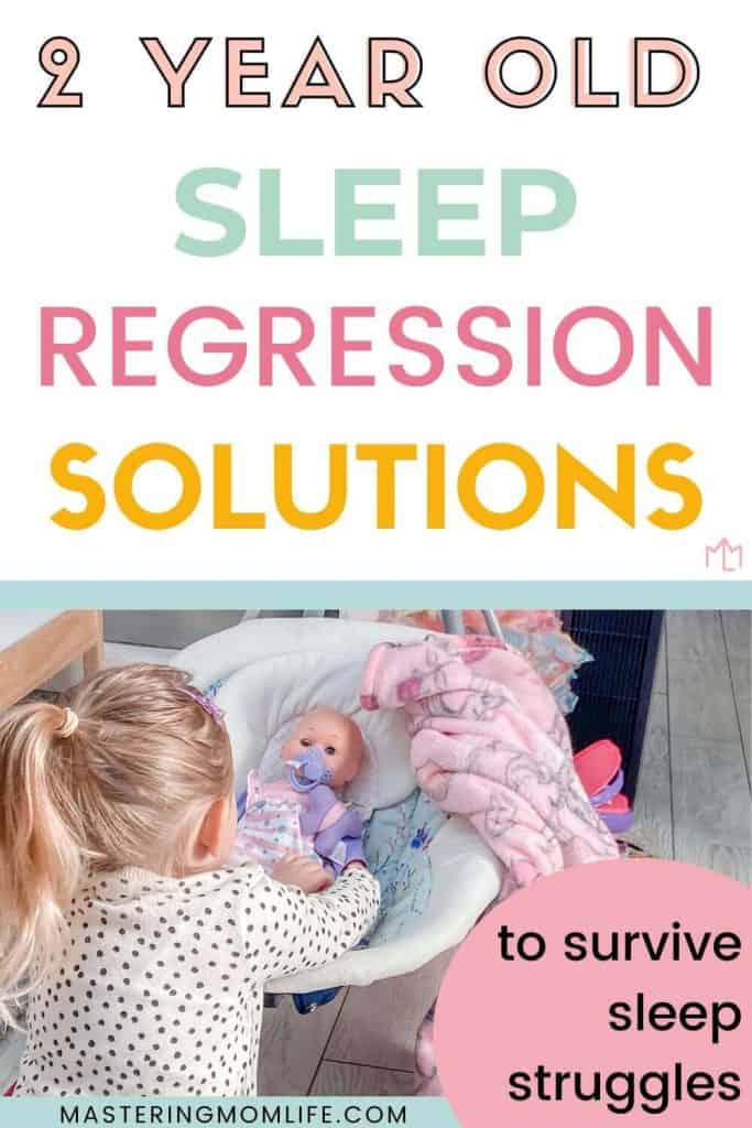 2 year old sleep regression solutions- image of toddler putting baby doll to sleep