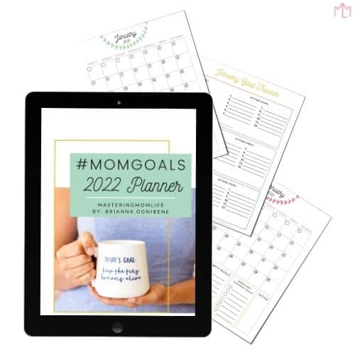 Tablet with image of goal planner calendar page and goal tracker page.